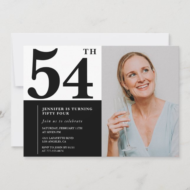 Schwarz-weißes Foto 54. Geburtstag Einladungen (Vorderseite)