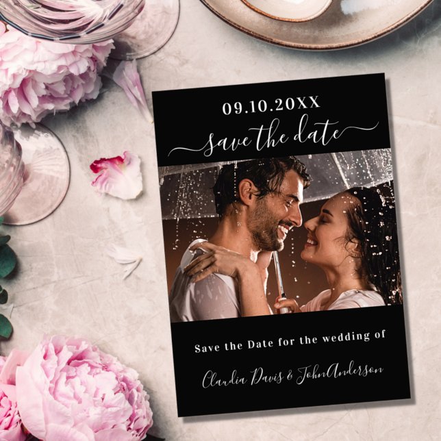 Schwarz-weißes Foto-Skript modern elegant Save The Date (Von Creator hochgeladen)