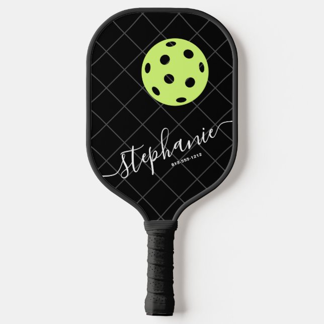 Schwarz-weißes gelbes, elegantes Skript personanis Pickleball Schläger (Rückseite)