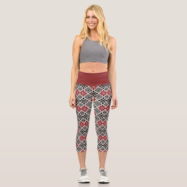 Schwarz-weißes geometrisches Muster Capri Leggings (Vorderseite)