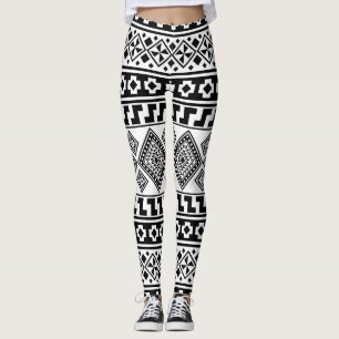 Schwarz-weißes geometrisches Stammmuster Aztec Boh Leggings