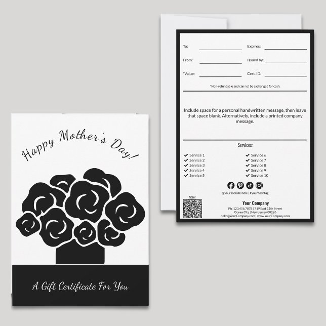 Schwarz-weißes Geschenkgutschein am Muttertag (Happy Mother's Day Black White Gift Certificate, Scissors Cut Style, QR code, Service List, SM)