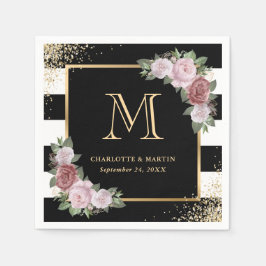 Schwarz-weißes Gold Floral Monogram Wedding Napkin Serviette
