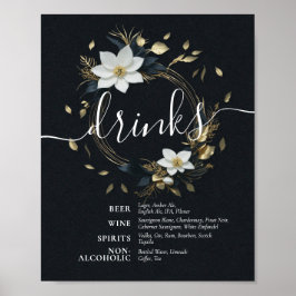 Schwarz-weißes Gold Floral Wreath Wedding Drinks M Poster