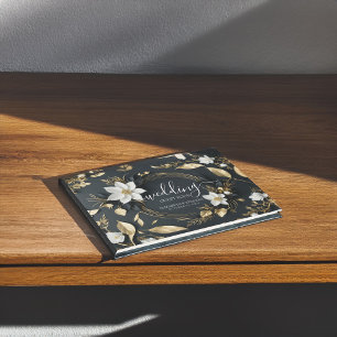 Schwarz-weißes Gold Floral Wreath Wedding Gästebuc Gästebuch
