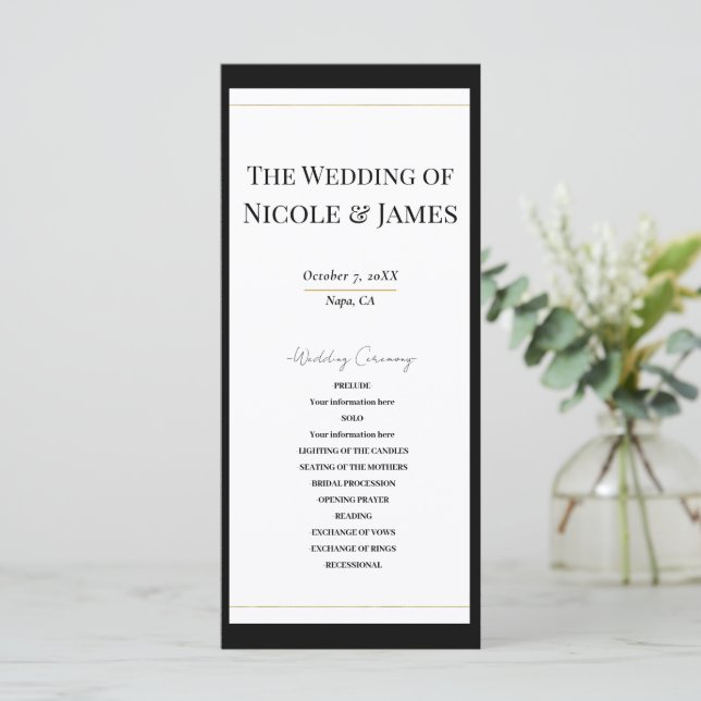Schwarz-weißes Gold Modernes Minimal-Hochzeitsprog Programm (Stehend Vorderseite)