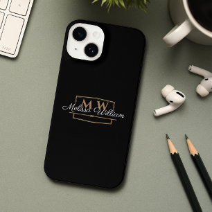 Schwarz-weißes Gold Monogramm Name-Skript iPhone 14 Hülle