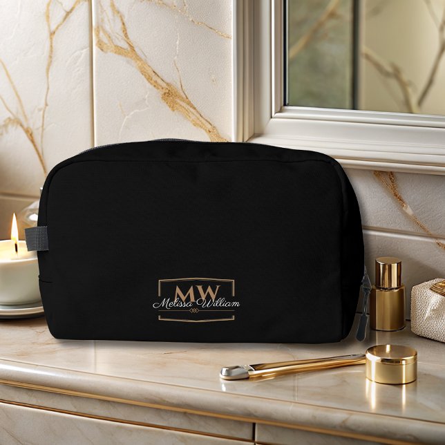 Schwarz-weißes Gold Monogramm Name-Skript Waschbeutel (Von Creator hochgeladen)