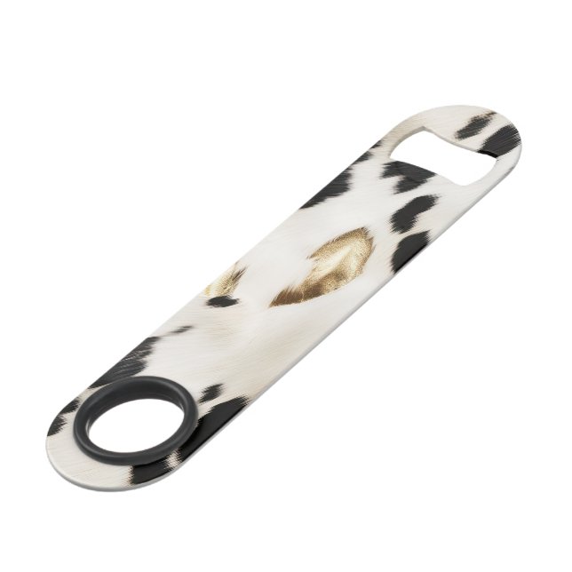 Schwarz-weißes Gold Südwest Cowhide Brautparty Speed Flaschenöffner (Vorderseite Schrägansicht)