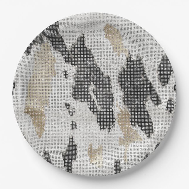 Schwarz-weißes Goldkühe-Tier-Print Sparkon Geburts Pappteller (Vorderseite)