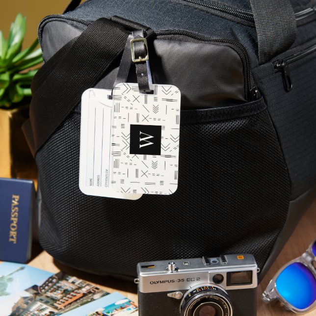 Schwarz-weißes Gorgeous Modern Geometric Monogram Gepäckanhänger (Vorderseite & Rückseite)