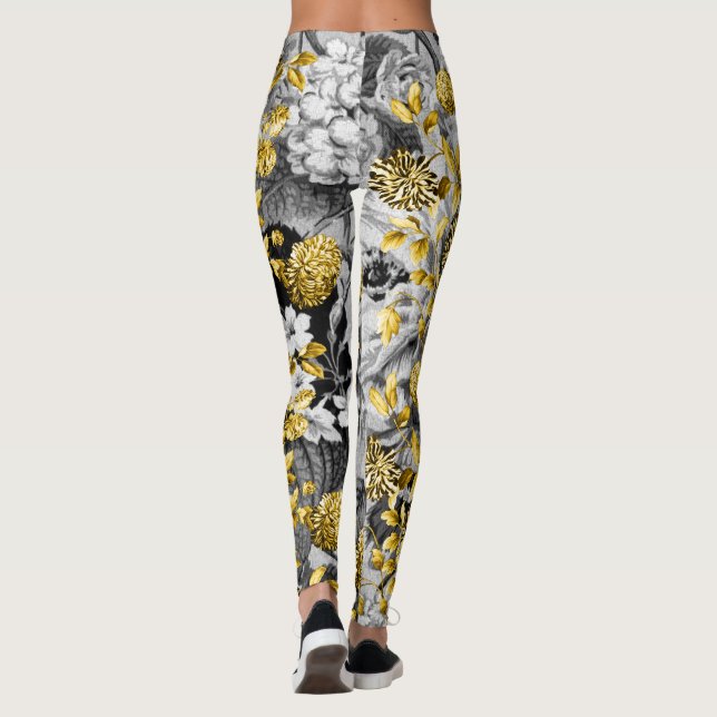 Schwarz-weißes Grau tont Gold BlumenToile Leggings (Rückseite)