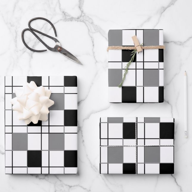 Schwarz-weißes graues Kariertes Tartan Prüfmuster Geschenkpapier Set (Vorderseite)