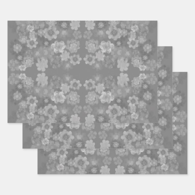 Schwarz-weißes graues Retro-Floral-Muster Geschenkpapier Set (Set)
