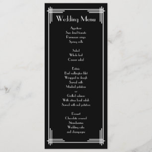 Schwarz-weißes Great Gatsby Art Deco Wedding Menü Menükarte