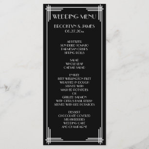 Schwarz-weißes Great Gatsby Art Deco Wedding Menü Menükarte
