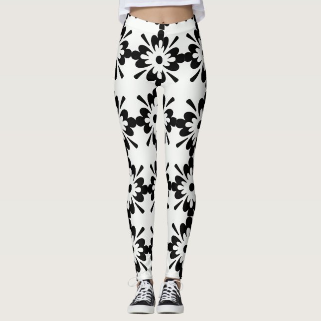 Schwarz-weißes großes Blumenmuster Leggings (Vorderseite)