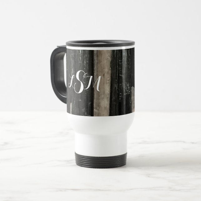 Schwarz-weißes halbgestreiftes Monogramm Reisebecher (Vorderseite Links)
