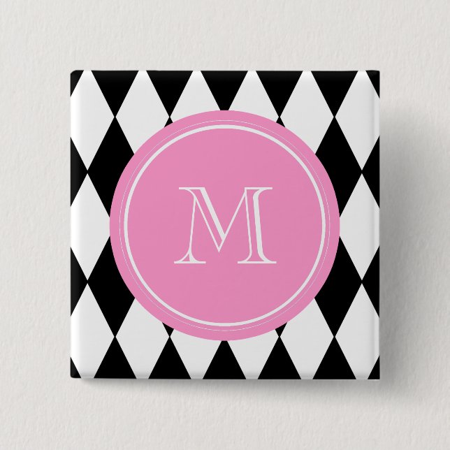 Schwarz-weißes Harlekin-Muster, rosa Monogramm Button (Vorderseite)