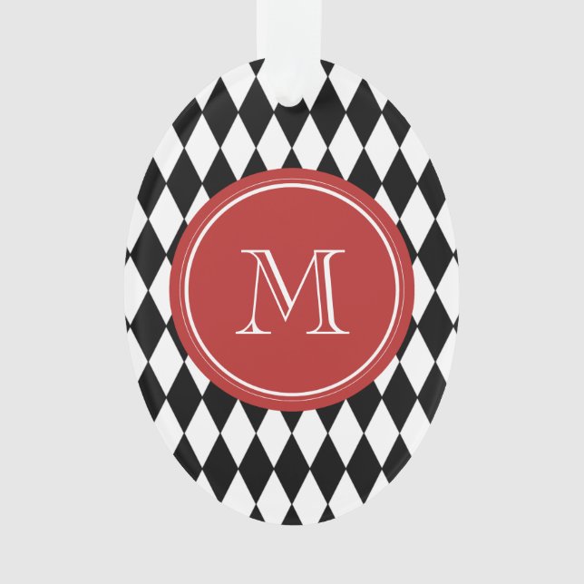 Schwarz-weißes Harlekin-Muster, rotes Monogramm Ornament (Vorderseite)