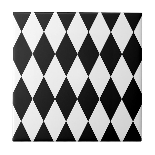 Schwarz-weißes Harlequin Diamonds-Musterdesign Fliese (Vorderseite)