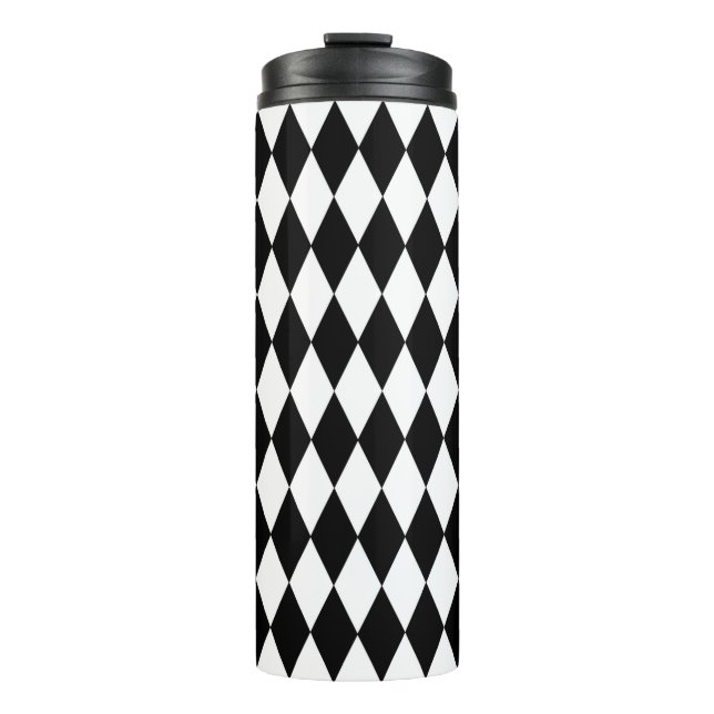 Schwarz-weißes Harlequin Diamonds-Musterdesign Thermosbecher (Vorderseite)
