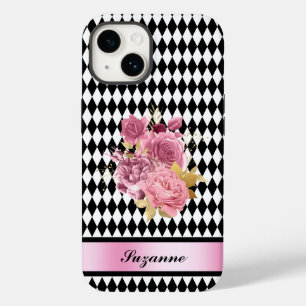 Schwarz-weißes Harlequin mit rosa Blume und Name Case-Mate iPhone 14 Hülle