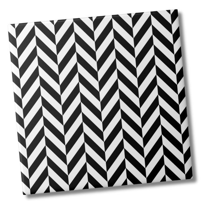 Schwarz-weißes Herringbone-Muster Fliese (Simple Black White Herringbone Pattern Tile)