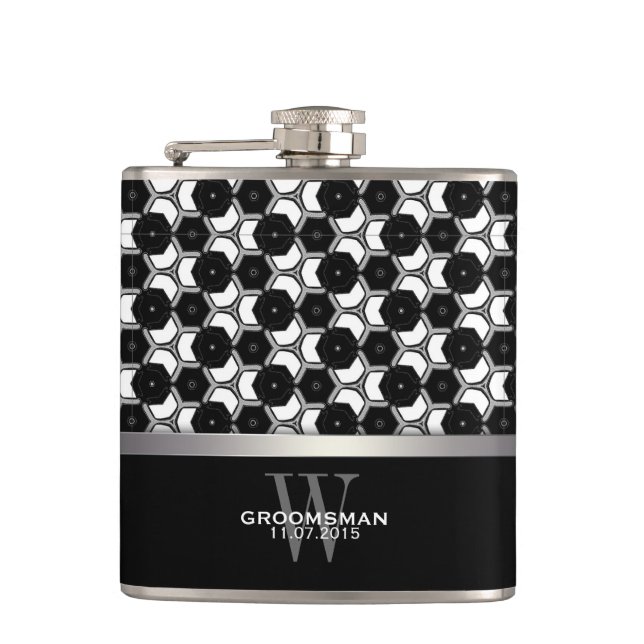 Schwarz-weißes Hexagon Muster Trauzeugen Hip Flask Flachmann (Vorderseite)