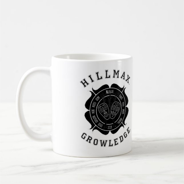 Schwarz-weißes Hillmax GrowleLogo Kaffeetasse (Links)