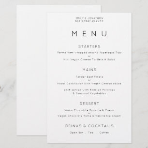 Schwarz-weißes Hochzeitsmenü für einfache Typograf