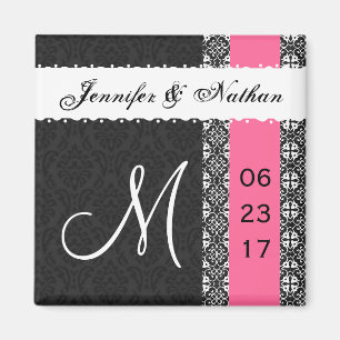 Schwarz-weißes Hot Pink Damask Spitzen Hochzeitsma Magnet