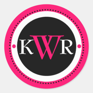 Schwarz-weißes Hot-Pink-Monogramm Runder Aufkleber