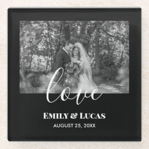 Schwarz-weißes individuelles Hochzeitsszenario Fot Glasuntersetzer