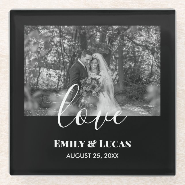 Schwarz-weißes individuelles Hochzeitsszenario Fot Glasuntersetzer (Vorderseite)