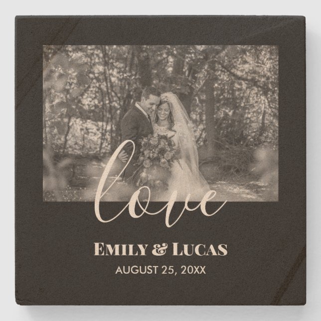 Schwarz-weißes individuelles Hochzeitsszenario Fot Steinuntersetzer (Vorderseite)