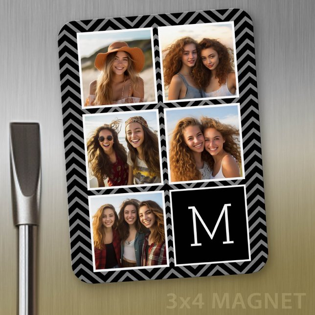 Schwarz-weißes Instagramm 5 Foto Collage Monogramm Magnet (Personalized refrigerator magnet with photo collage and custom text - add 5 photos to this design)