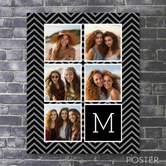 Schwarz-weißes Instagramm 5 Foto Collage Monogramm Poster (Custom Photo Collage Poster)