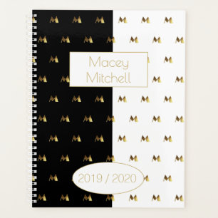 Schwarz-weißes Jahr 2019 2020 Goldmonogramm Planer