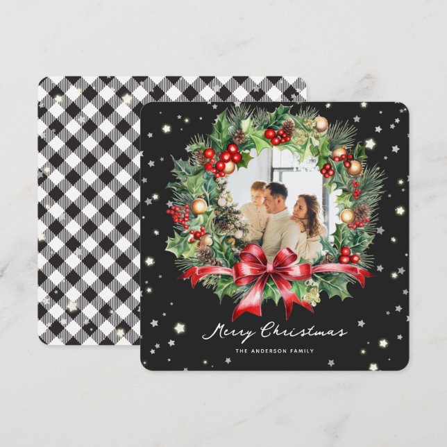 Schwarz-weißes Kariertes Foto Frohe Weihnachten (Vorne/Hinten)