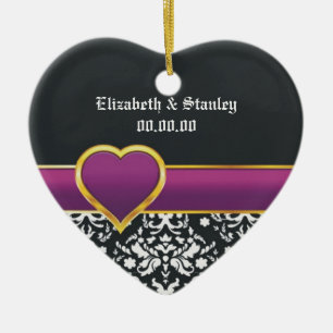 Schwarz-weißes lila Herz Save the Date Keramikornament