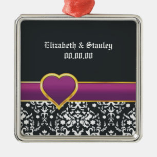 Schwarz-weißes lila Herz Save the Date Silbernes Ornament