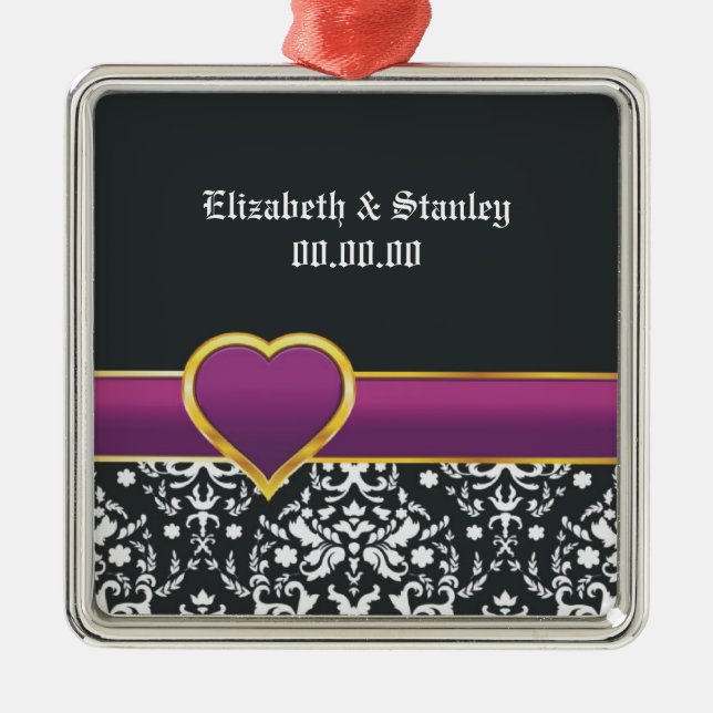 Schwarz-weißes lila Herz Save the Date Silbernes Ornament (Vorne)