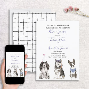 Schwarz-weißes Lila Hunde Baby's 2. Geburtstag Par Einladung