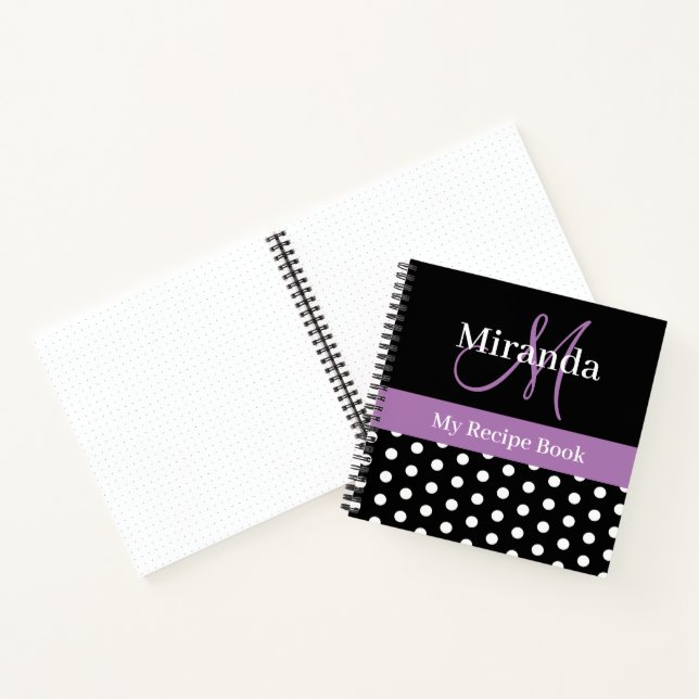 Schwarz-weißes Lila Monogramm Polka Dot Rezept Notizbuch (Innenseite)