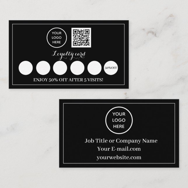 Schwarz-weißes Logo QR Code Business Rewards Punch Treuekarte (Vorne/Hinten)