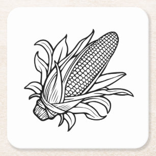 Schwarz-weißes Maiskolben-Symbol mit Blättern Rechteckiger Pappuntersetzer