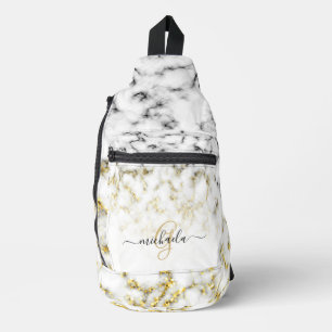 Schwarz-weißes Marmorgold glänzend Monogramm Crossbody Bag