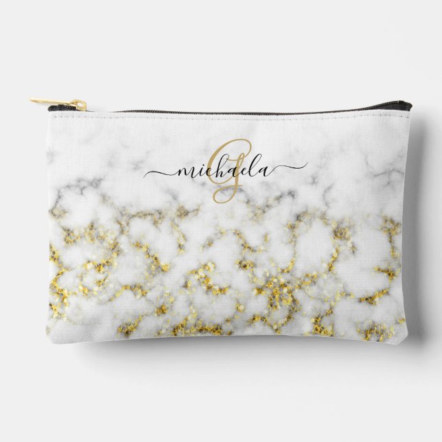 Schwarz-weißes Marmorgold glänzend Monogramm Zubehörtasche (Vorderseite)