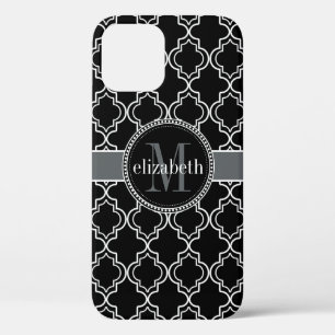 Schwarz-weißes Marokkaner Quatrefoil Monogramm Case-Mate iPhone Hülle